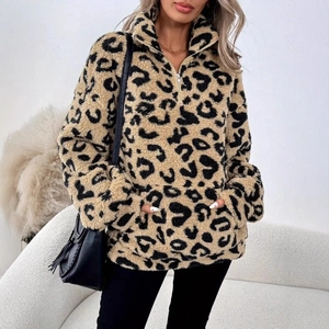 Women Leopard Print Sherpa Fleece Sweatshirt Half Zipper Stand Collar Loose Casual Pullover With Pocket