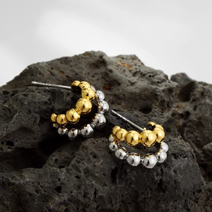 C-Shaped Round Bead Earrings Double Layer Bubble Ball Studs Brass 18K Gold Plated With Stainless Steel Earring Post For Women