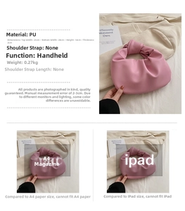 Pink PU leather crescent bag with dimensions 28x14x2cm and weight 0.27kg shown in detail