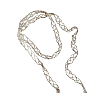 Handcrafted gold and silver beaded mesh long necklace with geometric lattice pattern