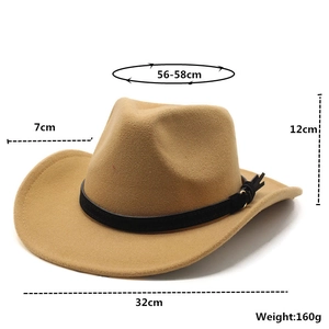 Detail view of camel wool felt western cowboy hat showing 56-58cm size and 160g weight