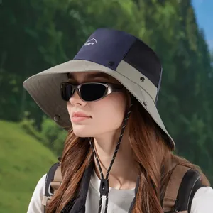 Navy and grey breathable hiking sun hat with wide brim and adjustable chin strap