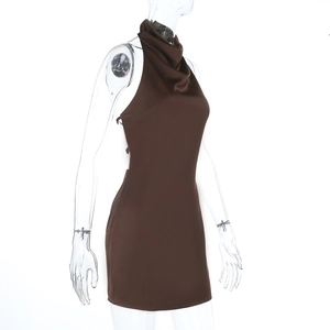 Side view of dark brown satin halter mini dress on mannequin showing slim fit cut