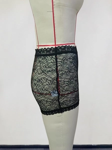 Detail of floral rose lace pattern and delicate eyelash trim on black lace shorts