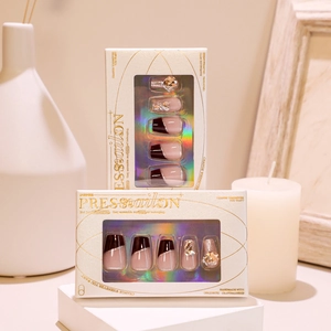 French style red press-on nails set with champagne glitter and luxury rhinestones