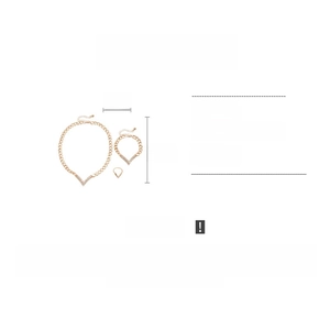 Detailed view of gold chain jewelry set with V-shaped rhinestone pendants and measurements