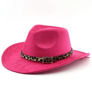 Detail of hot pink suede cowboy hat featuring leopard print band and gold buckle