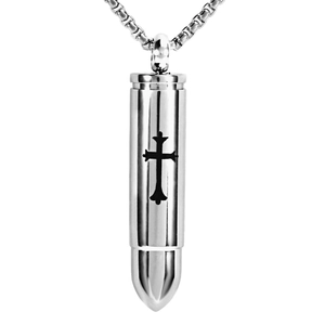 Polished stainless steel bullet pendant necklace featuring a black cross engraving