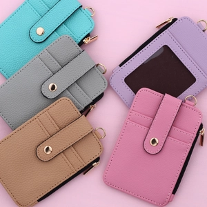 Litchi pattern leather card holders with zipper pocket in five pastel colors