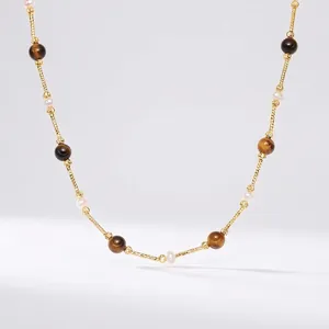 925 Sterling Silver Tiger Eye Artificial Baroque Pearl Necklace French Maillard Style For Women Elegant Clavicle Chain