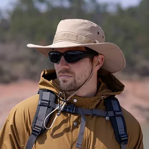 Breathable outdoor sun hat with wide brim and adjustable chin strap in khaki