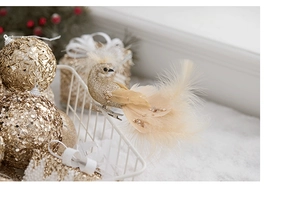 Champagne gold peacock ornament with glitter feathers and clip for Christmas tree decor