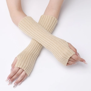 Detail view of beige ribbed knit arm warmers with a fingerless long-sleeve design