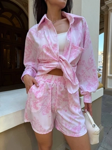 Women Floral Print Shirt And Shorts Long Sleeve Button Up Lapel Collar Casual Vacation Loungewear