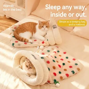 Saco De Dormir Para Gatos Nido Felpa Suave Pelo De Conejo Pana Cama Cueva Cálida Estampado De Lunares Alfombra Lavable