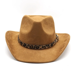 Detail of western fedora with leopard print belt and golden buckle on suede material
