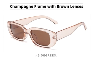 Detail view of retro champagne frames with brown lenses at a 45-degree angle
