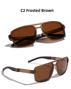Macro detail of matte tea square sunglasses featuring dual-bridge TR90 frames and polarized lenses