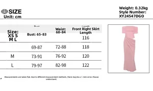 Detailed size chart for pink off-shoulder slim-fit dress showing bust and length measures