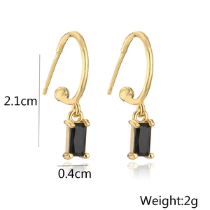 Detailed size view of gold plated drop earrings with rectangle black zircon pendant