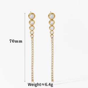 Detail view of 70mm zircon tassel earrings in gold plating with weight and size info