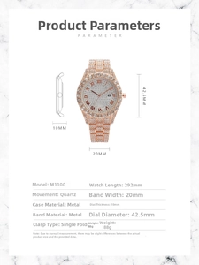 Detailed specs of rose gold crystal watch M1100 with 42.5mm dial and quartz movement