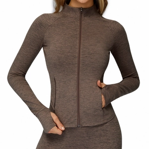 Women's heathered cocoa zip-up sports jacket with stand collar and thumbholes