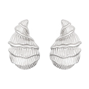 Detailed view of silver seashell stud earrings with realistic textured metallic finish
