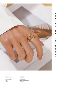 Detailed view of model wearing a double-layered 18K gold-plated stainless steel ring
