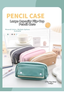Detail view of large capacity pencil cases in Morandi colors with snap button flap pocket