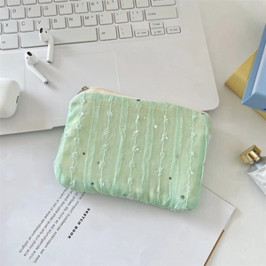 Detail of mint green sequin chiffon floral pouch with zipper and mesh lace texture