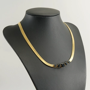 Elegant 18k gold plated flat snake chain necklace with five black square zircons