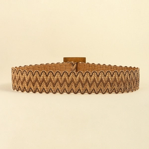 Women's woven elastic straw belt with a square wooden buckle for bohemian summer styling