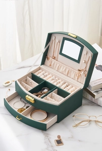 Detail view of multi-layer emerald green jewelry box with interior mirror and gold lock
