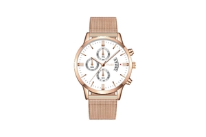 Detailed close-up of rose gold mesh strap watch with multi-functional chronograph dial