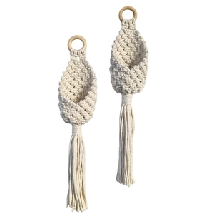 Handwoven macrame teardrop wall basket set in natural white cotton with wooden rings