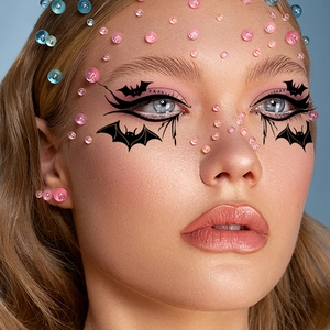 Halloween temporary eye tattoo stickers with black bats and colorful face gems decor