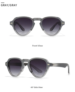 Front and 45-degree side view of vintage gray acetate round sunglasses with metal accents