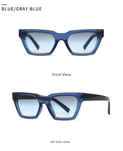 Front and 45-degree side views of retro square blue cat-eye sunglasses with gradient lenses