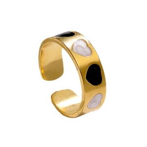 18K gold plated adjustable stainless steel ring with black and white enamel hearts