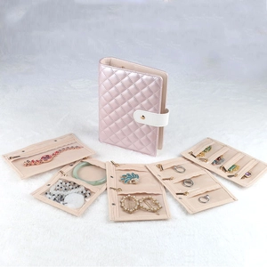 Pink quilted PU leather travel jewelry organizer book with transparent storage pages
