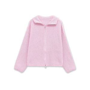 Cardigan rosa a coste da donna con chiusura lampo integrale e colletto a polo