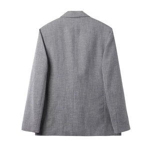 Neutral grey tailored casual blazer in fine-spun blend fabric shown from a clean back view