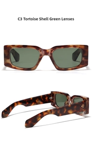 Detail of C3 tortoise frame with green lenses and small star accents on the sunglasses