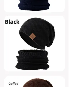 Detailed close-up of winter knit beanie and neck warmer with thick honeycomb pattern