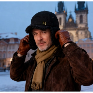 Detail of wool baseball cap featuring ear flaps and warm lamb fleece lining for men