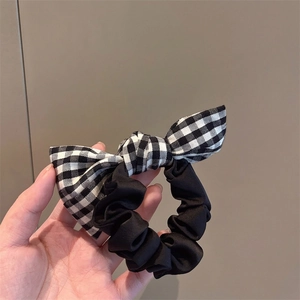 Chic black and white plaid bow scrunchie with high-elastic band for hair styling