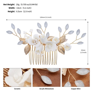 Detail of bridal hair comb showing ceramic flowers and acrylic rhinestones dimensions