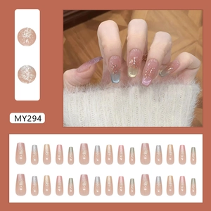 Rainbow gradient press-on nails with cat eye shimmer in long coffin shape design