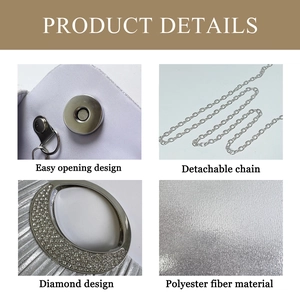 Detailing silver evening clutch with easy opening, detachable chain, and diamond texture